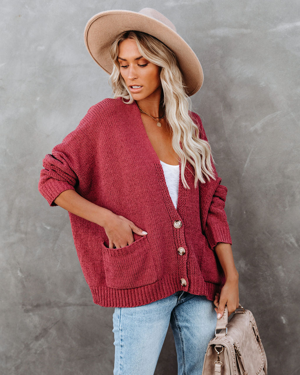 Vintage Knoopsluiting Cardigan met Zakken - Zacht Roze