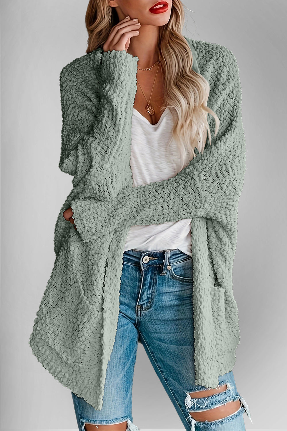 Emma's Dubbel Take Open Front Langen Mouwen Cardigan met Zakken