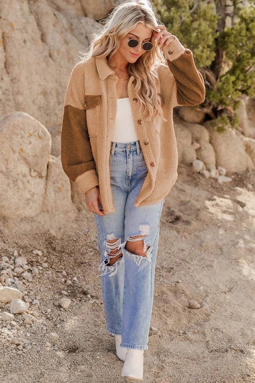 Camel Kleurblok Jack met Flapzakken - Warme Keuze voor Koude Dagen