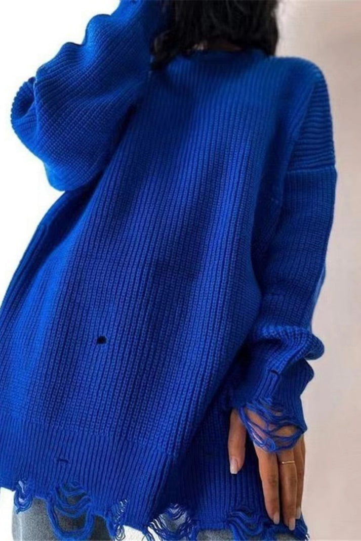 Casual Sweater met Ronde Hals en Versleten Accenten