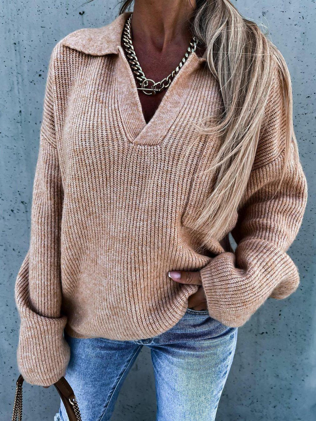 Comfortabele V-Hals Trui met Zakken voor Dames - Zachte Lange Mouwen Sweater