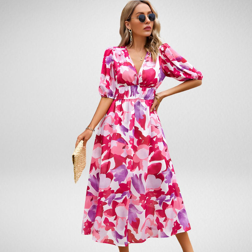 Chique midi jurk met geometrisch patroon en korte mouwen in lanternstijl
