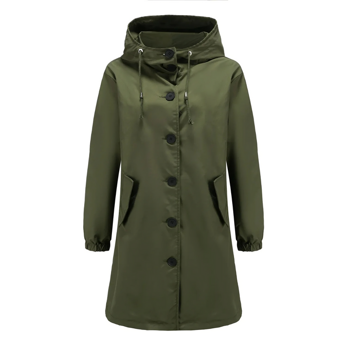 Elegante damescape met capuchon en praktische knopen