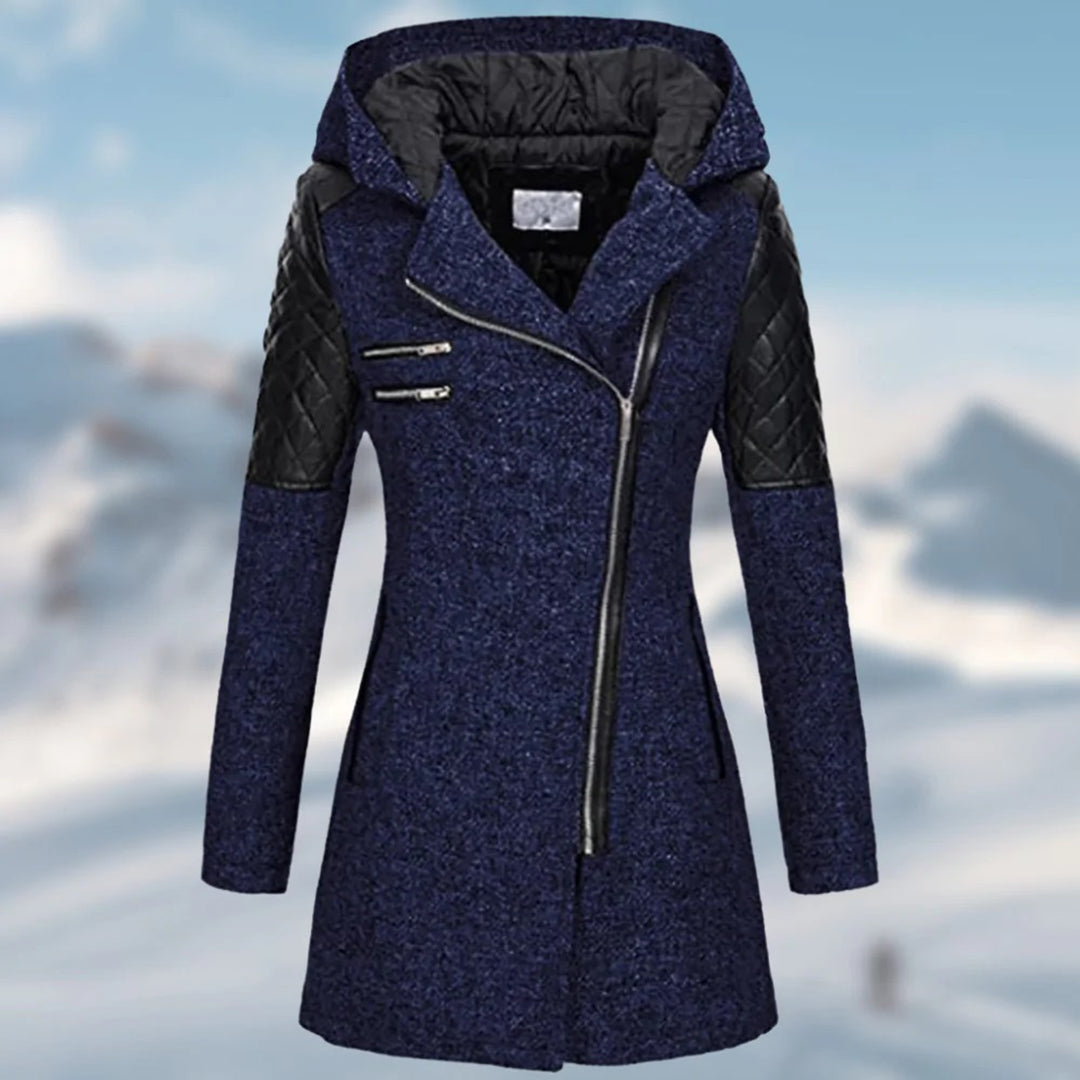 Stijlvolle dames winterjas met diepe capuchon en modern design