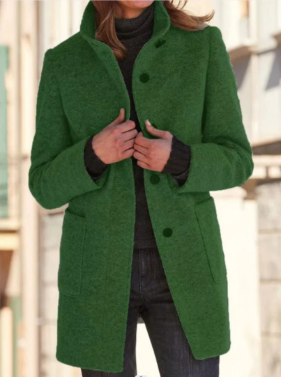 Elegante minimalistische jas met hoge kraag en originele knopen