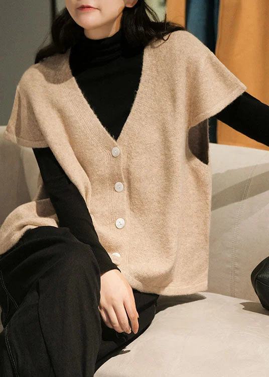 Beige V-Hals Knoopvest - Korte Mouw Waistcoat voor Dames