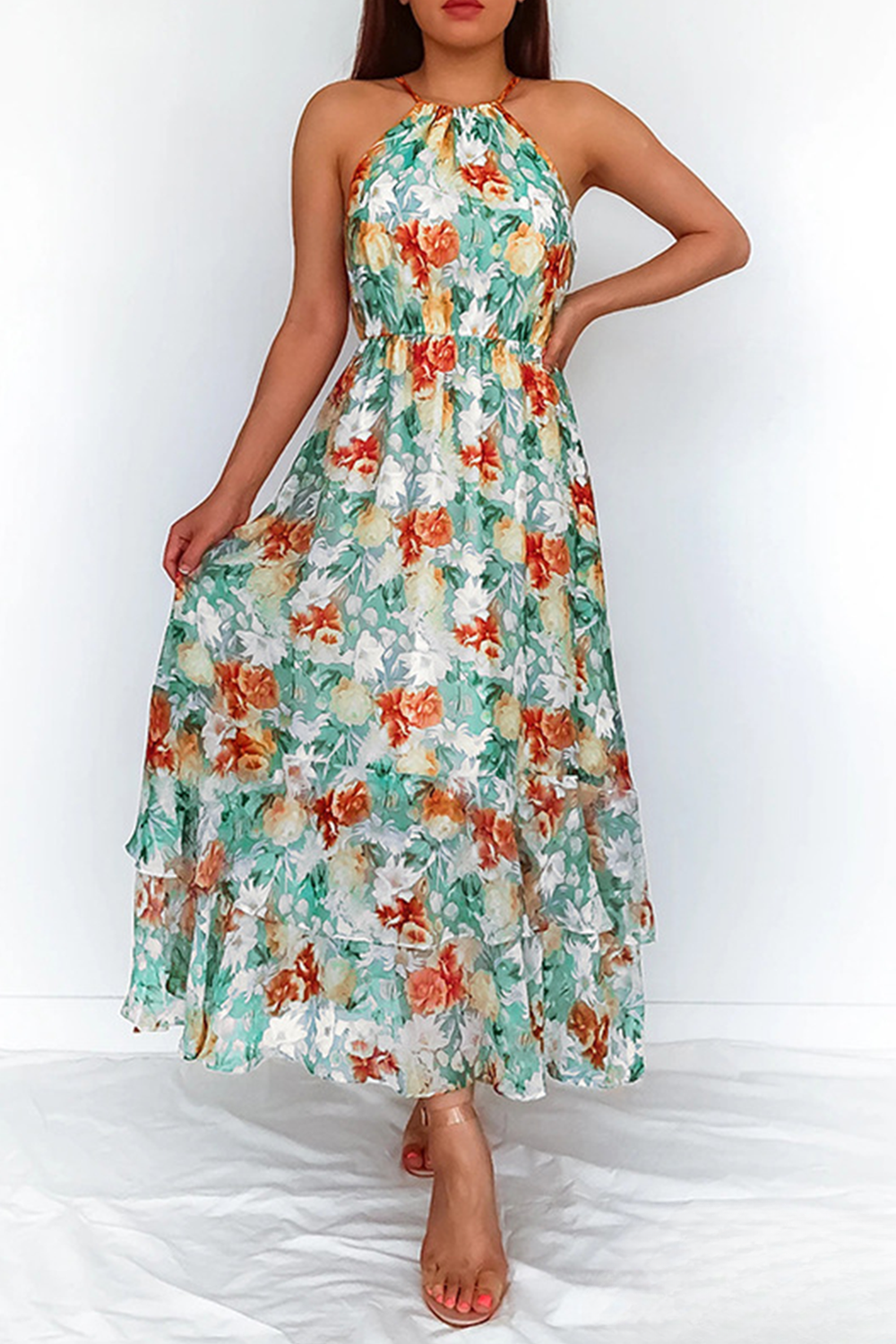 Hannah - Elegante Jurken met Bloemenprint en Halter Taille