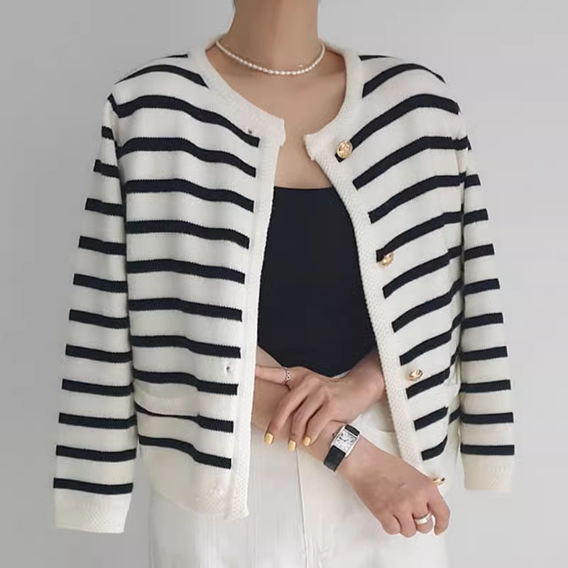 Herfst en winter retro zwart-wit gestreepte cardigan