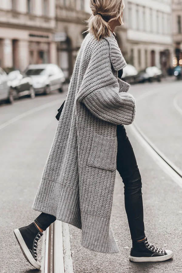 Warme Dikke Gebreide Lange Vest met Knoopsluiting en Zakken – Oversized Model