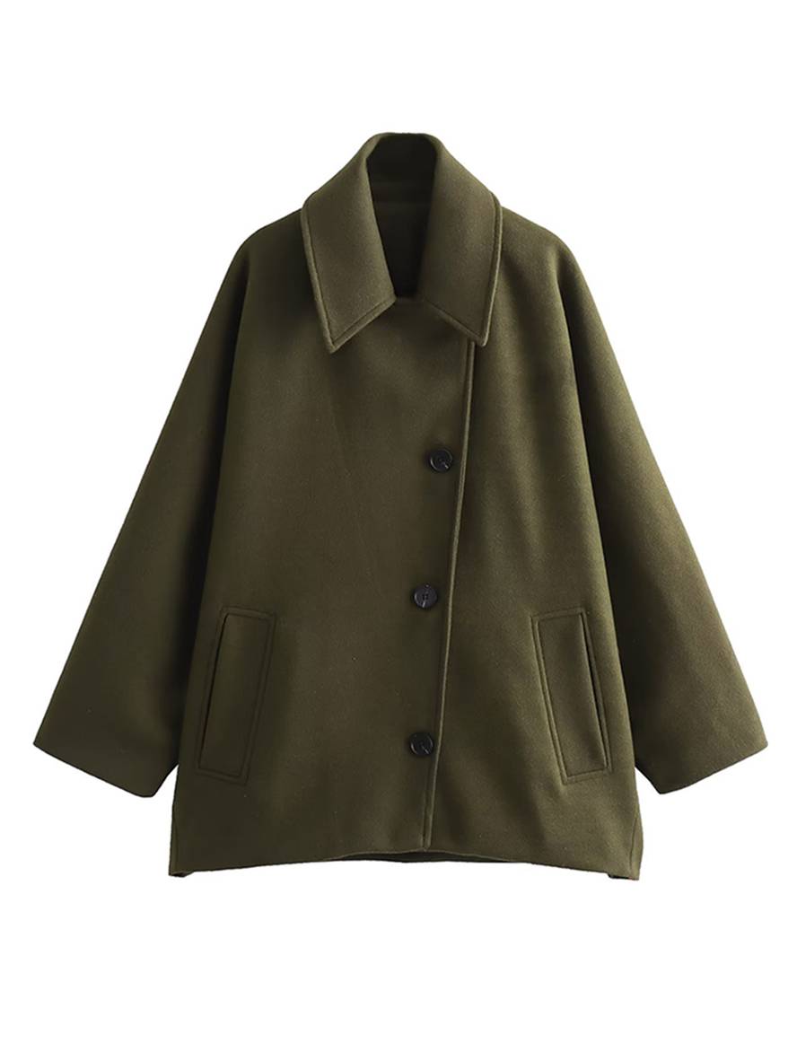 Trendy damesjas met losse pasvorm, brede kraag en praktische zakken voor een stijlvolle look