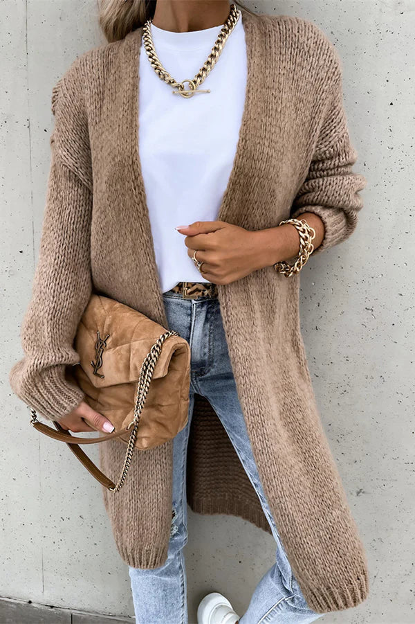 Effen Kleur V-hals Lange Oversized Midi Cardigan – Comfortabel en Stijlvol