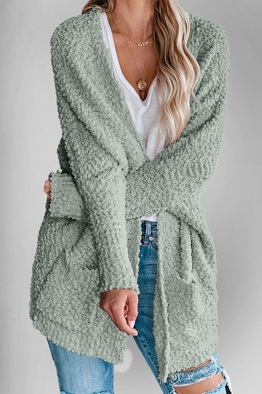 Emma's Dubbel Take Open Front Langen Mouwen Cardigan met Zakken