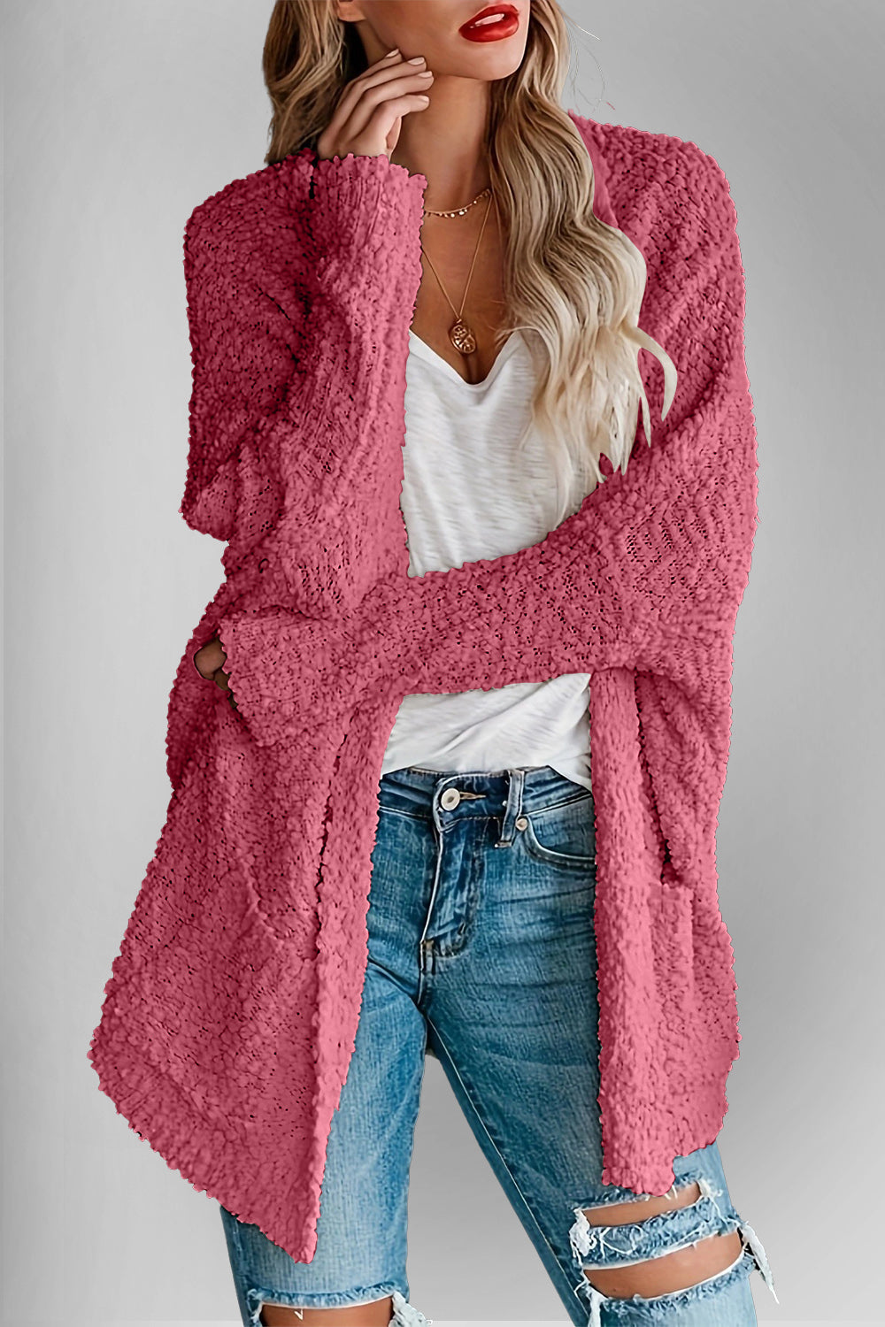 Emma's Dubbel Take Open Front Langen Mouwen Cardigan met Zakken