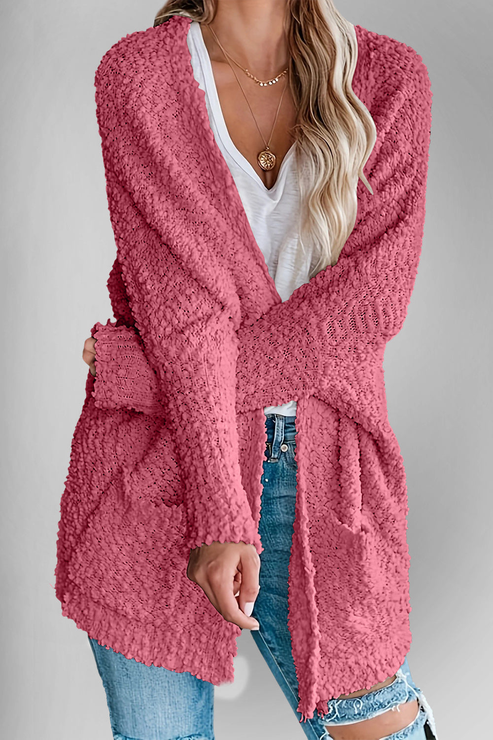 Emma's Dubbel Take Open Front Langen Mouwen Cardigan met Zakken