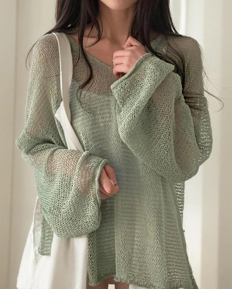 Mira-Chic Tie-up Hollow Ruitpatroon Top met Zonnebescherming, Lange Mouwen