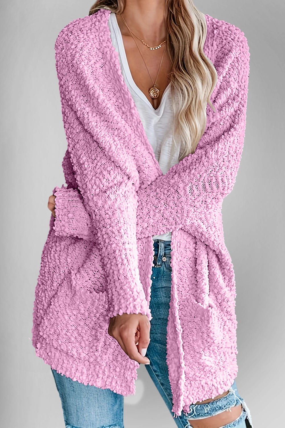 Emma's Dubbel Take Open Front Langen Mouwen Cardigan met Zakken