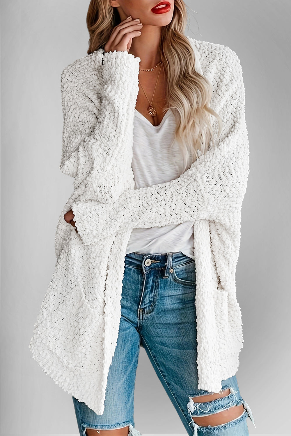Emma's Dubbel Take Open Front Langen Mouwen Cardigan met Zakken