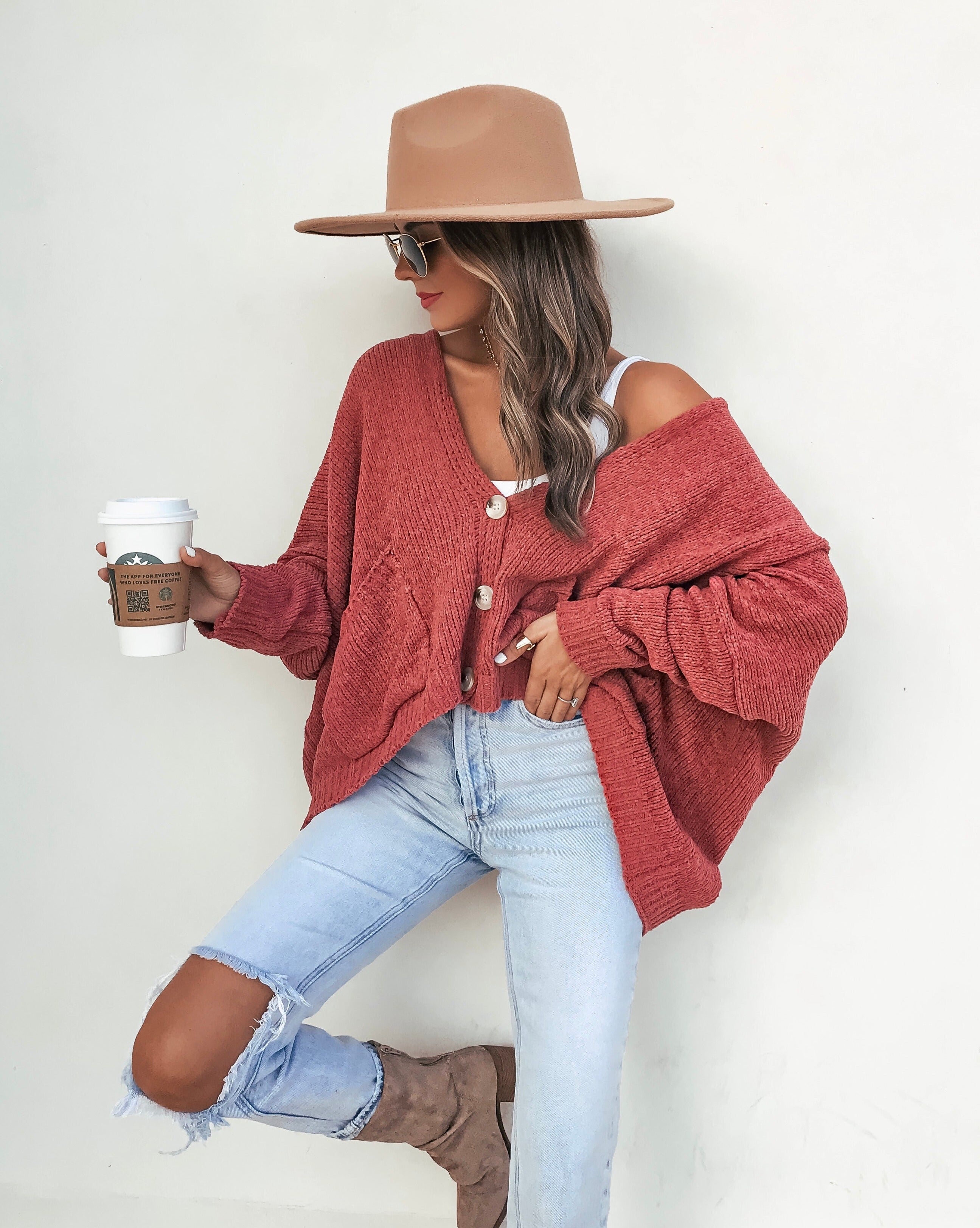 Vintage Knoopsluiting Cardigan met Zakken - Zacht Roze