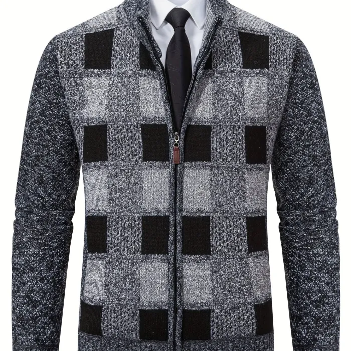 Retro Heren Cardigan met Ruitjespatroon – Casual Jas met Opstaande Kraag voor Herfst en Winter