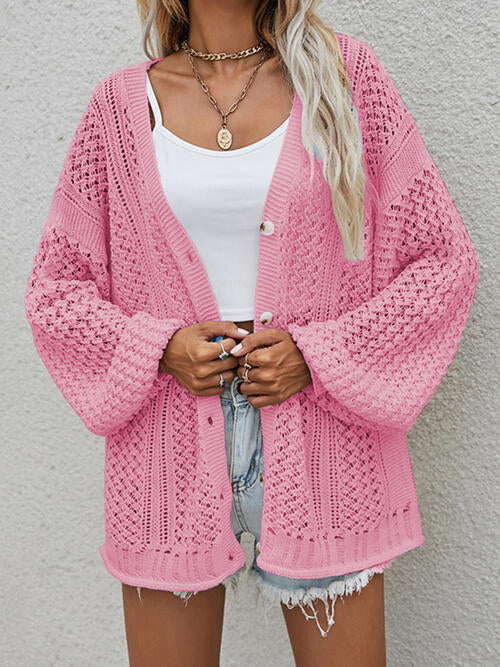 Modieuze Openwork Knop-Front Cardigan met Strik voor Comfortabele Stijl