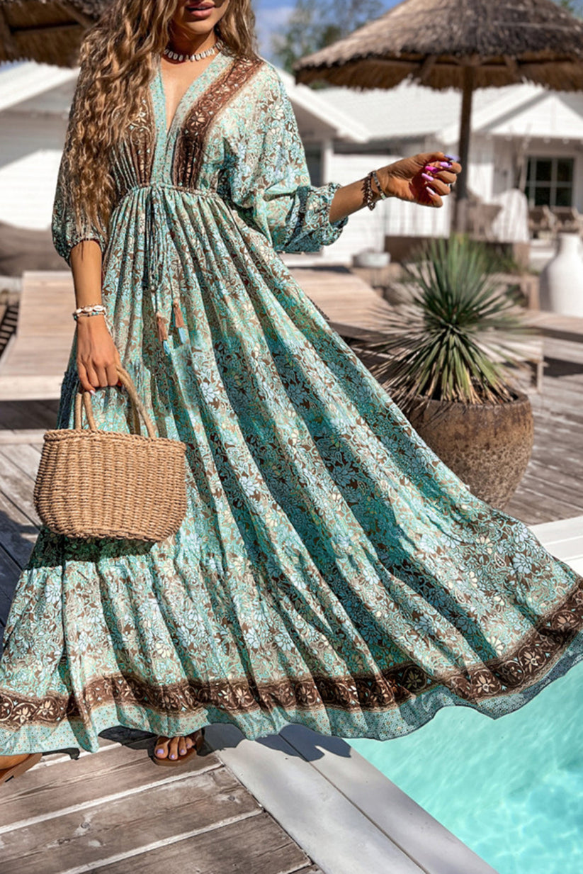 Maxi-jurk in boho-stijl met bloemmotief, vetersluiting en open rug