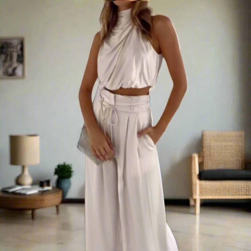 Trendy dames zomerpak met top met modieuze halslijn en wijde broek
