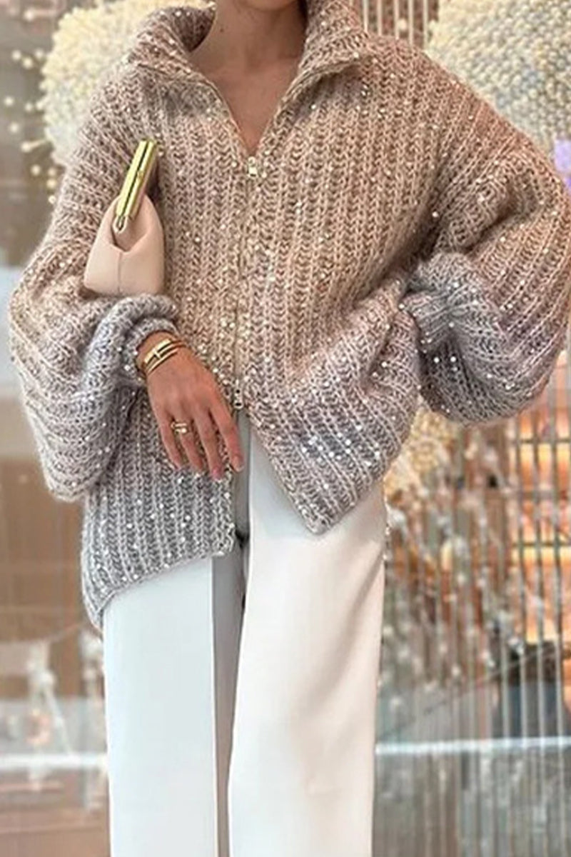 Elegante Sequins T-shirt met Omgeslagen Kraag voor vrijetijds Chic