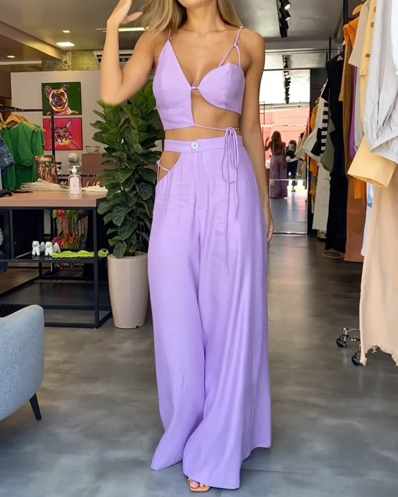 Lila - Eigentijdse asymmetrische top en broek duo met bandjes