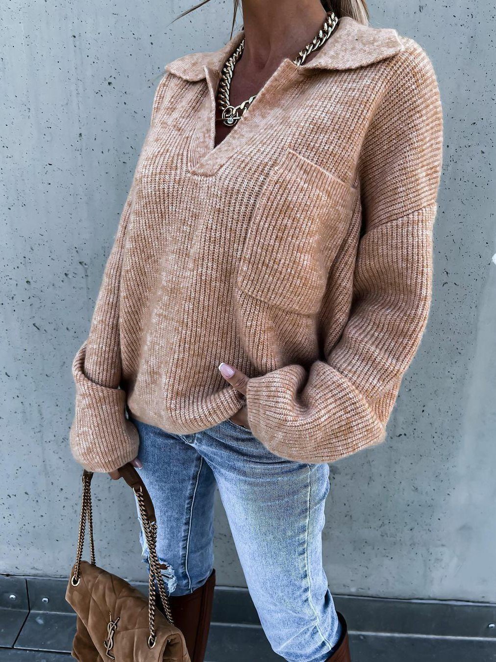 Comfortabele V-Hals Trui met Zakken voor Dames - Zachte Lange Mouwen Sweater