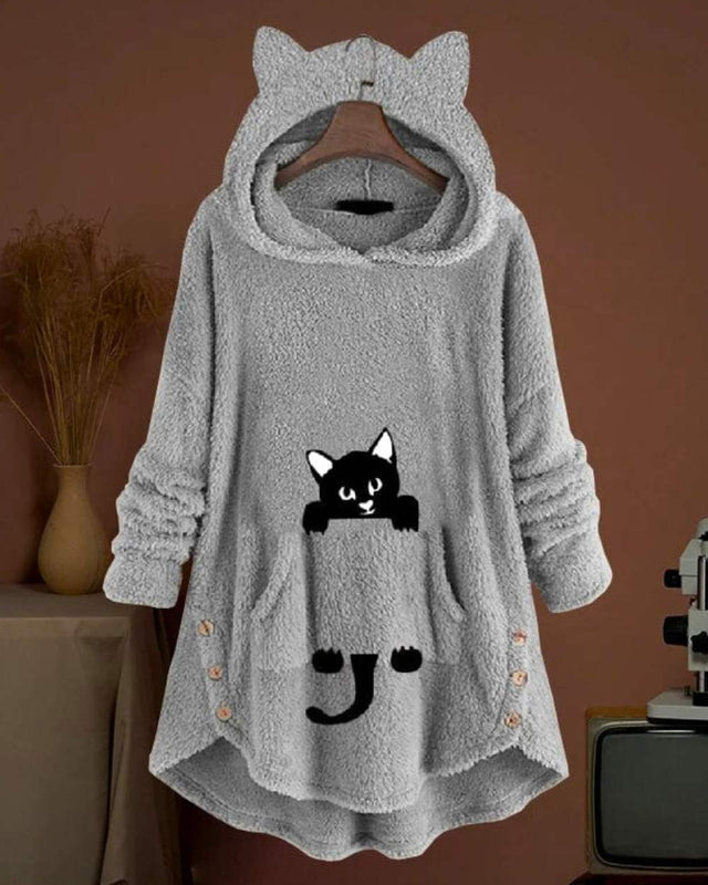 Warme lange hoodie met capuchon en uniek kattenprint design