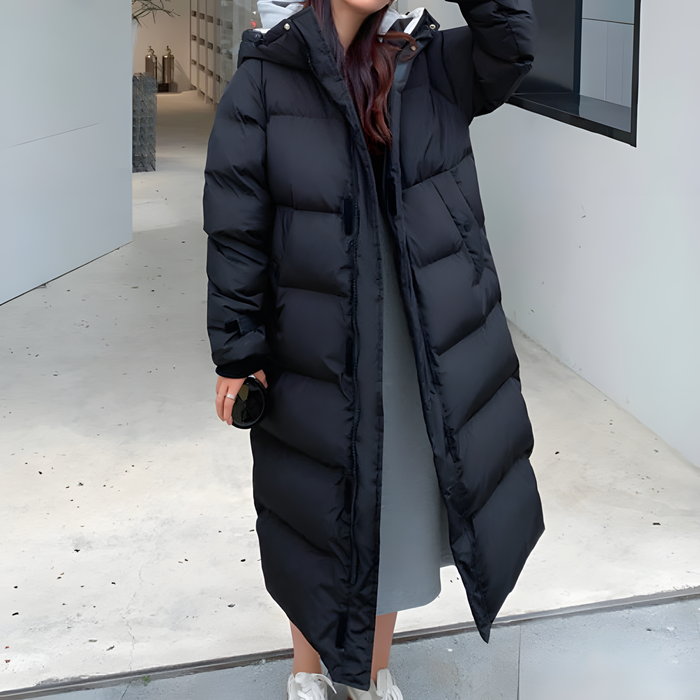 Lange warme damesjas met elegant en trendy ontwerp voor winterdagen