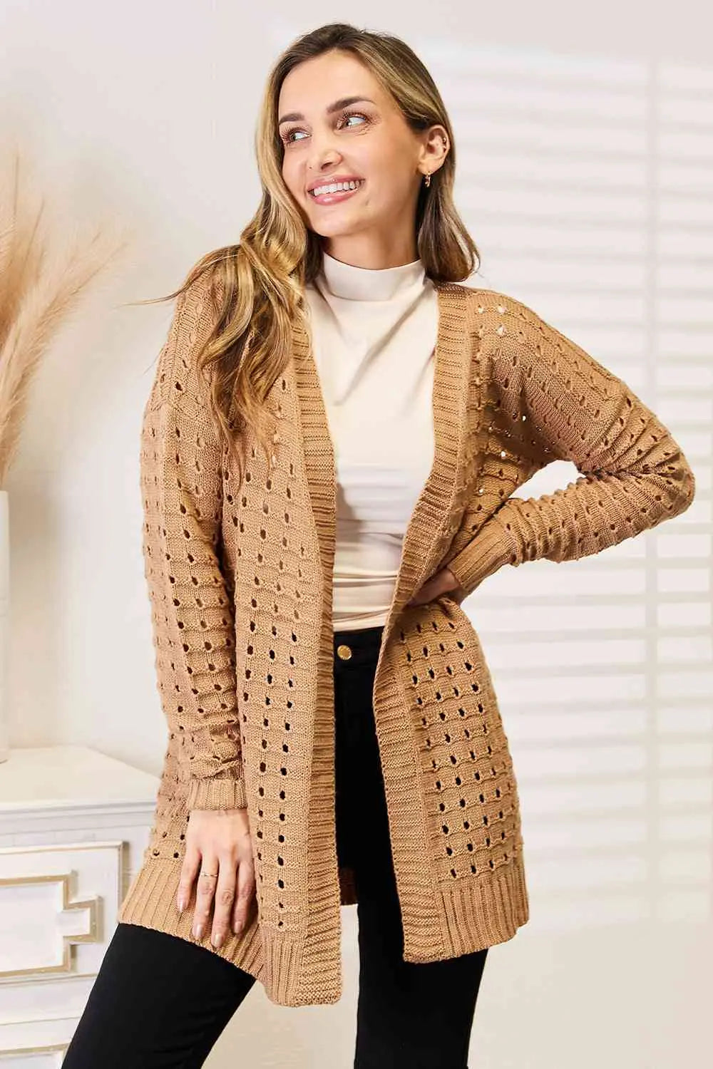Knoop-Up Lotte-Horizontale Vibes Geribbelde Open Voorzijde Cardigan in Karamel