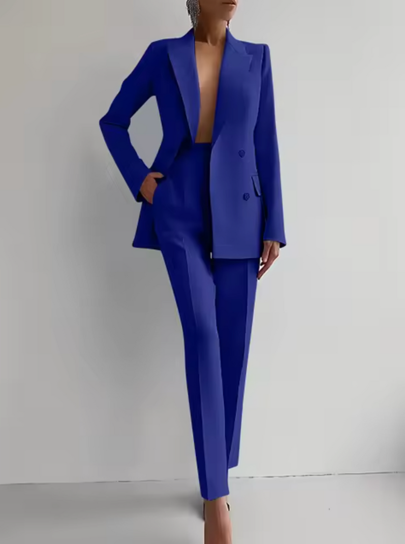 Elegante Damesoutfit met Klassieke Blazer en Hoog Taille Broek