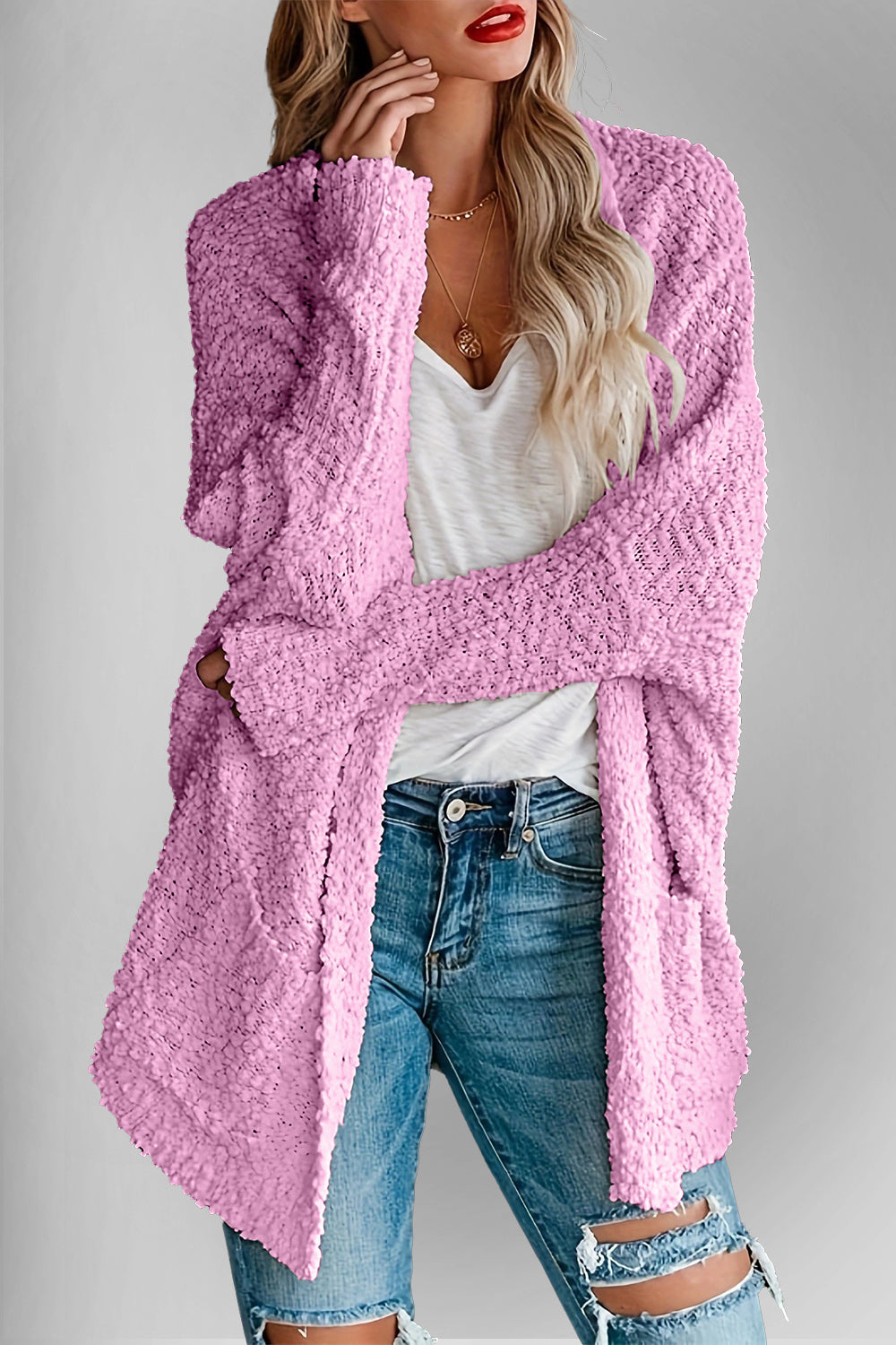 Emma's Dubbel Take Open Front Langen Mouwen Cardigan met Zakken