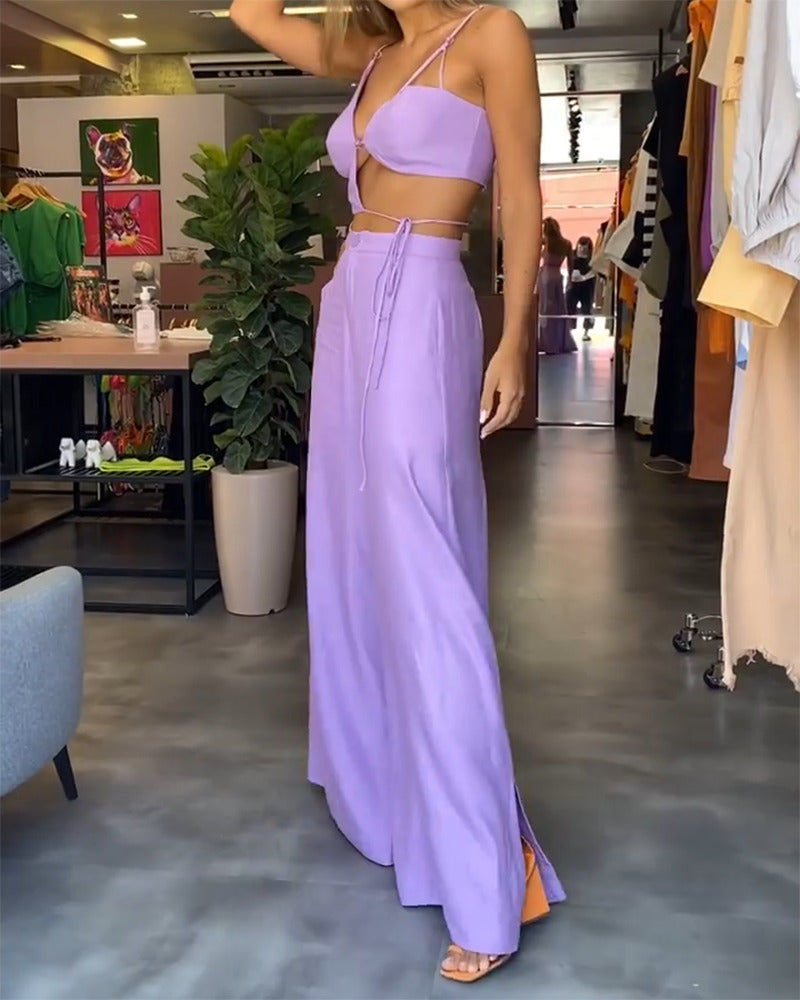 Lila - Eigentijdse asymmetrische top en broek duo met bandjes