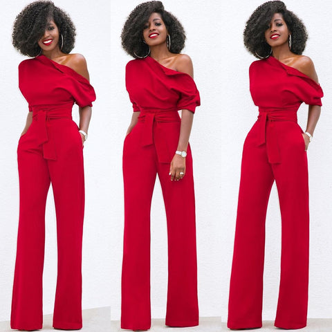 Trendy dames jumpsuit met één schouder, brede pijpen en riem