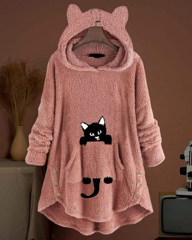 Warme lange hoodie met capuchon en uniek kattenprint design