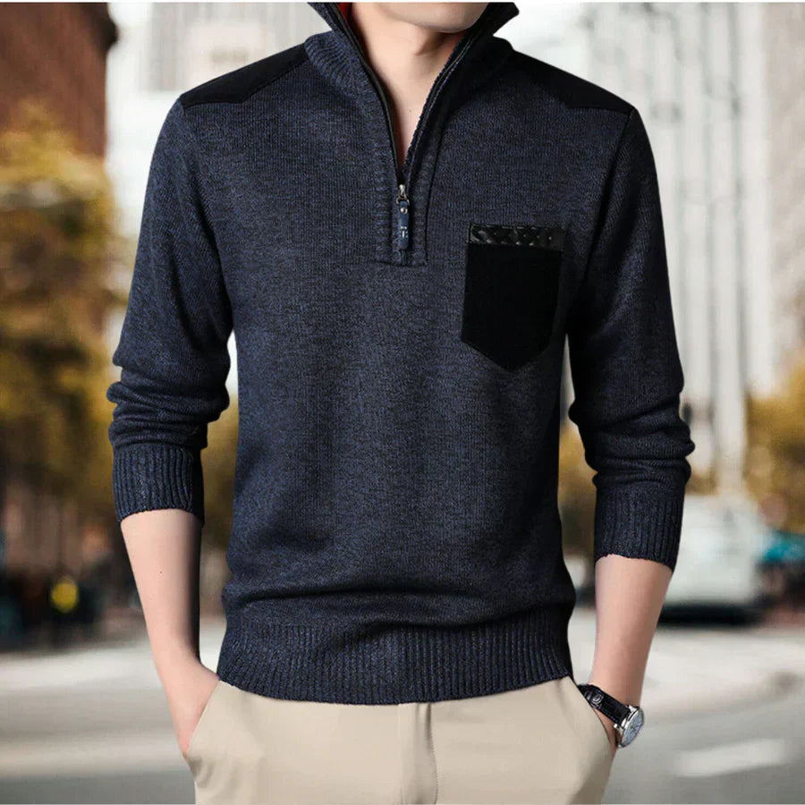 Warme heren sweater met opstaande kraag en halve ritsluiting