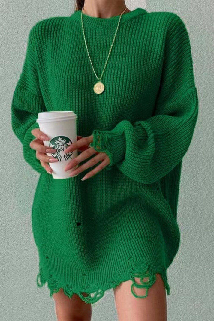 Casual Sweater met Ronde Hals en Versleten Accenten