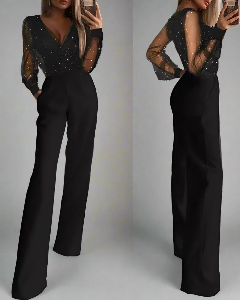 Modieuze dames jumpsuit met flared broek en sprankelende blouse