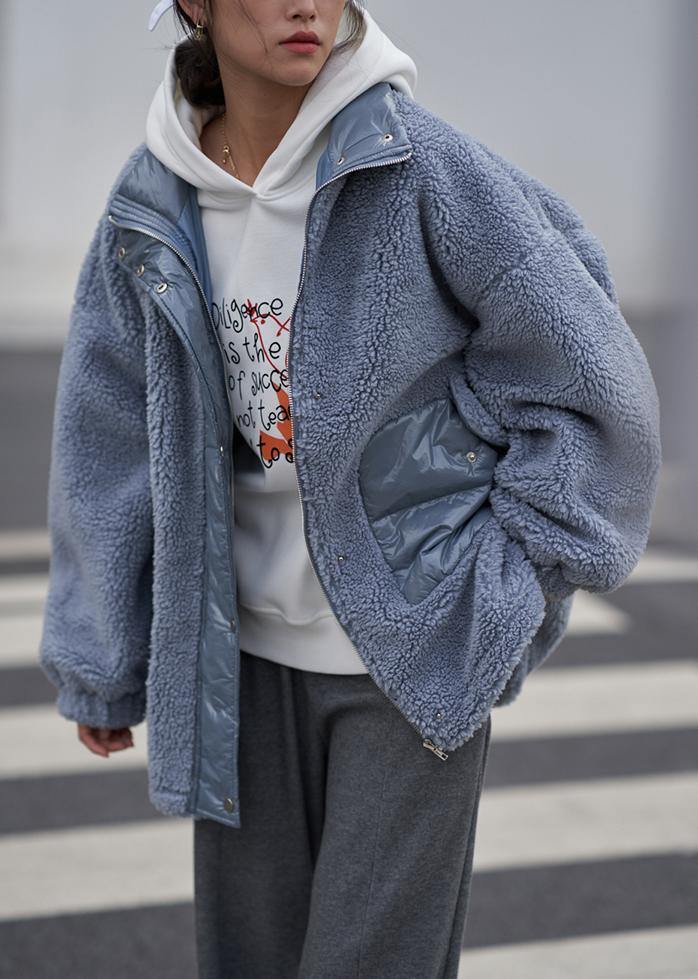 Casual Blauwe Jas met Stijlvolle Staan Kraag en Patchwork voor Dames