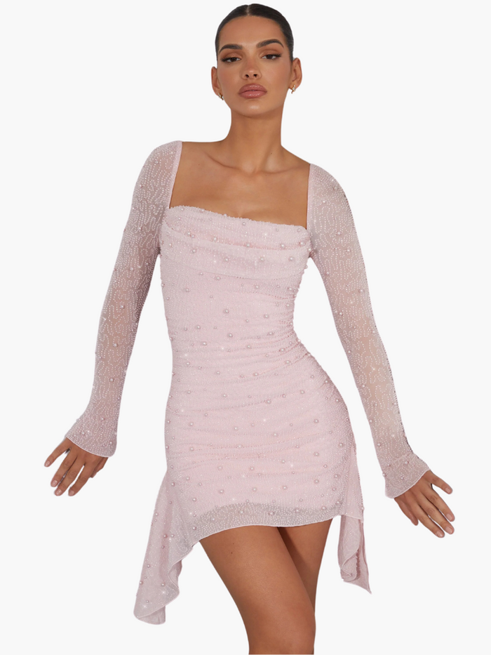 Chique mini-jurk voor vrouwen met subtiele parelaccenten en lange mouwen