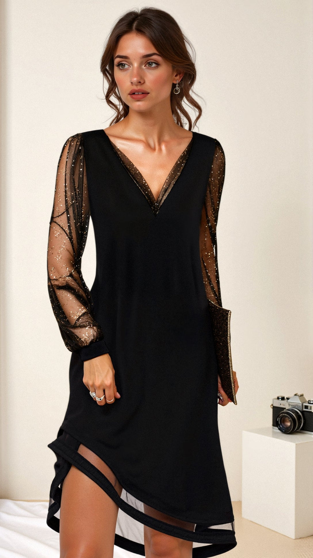 Vestido sofisticado de fiesta con escote en V y detalles brillantes