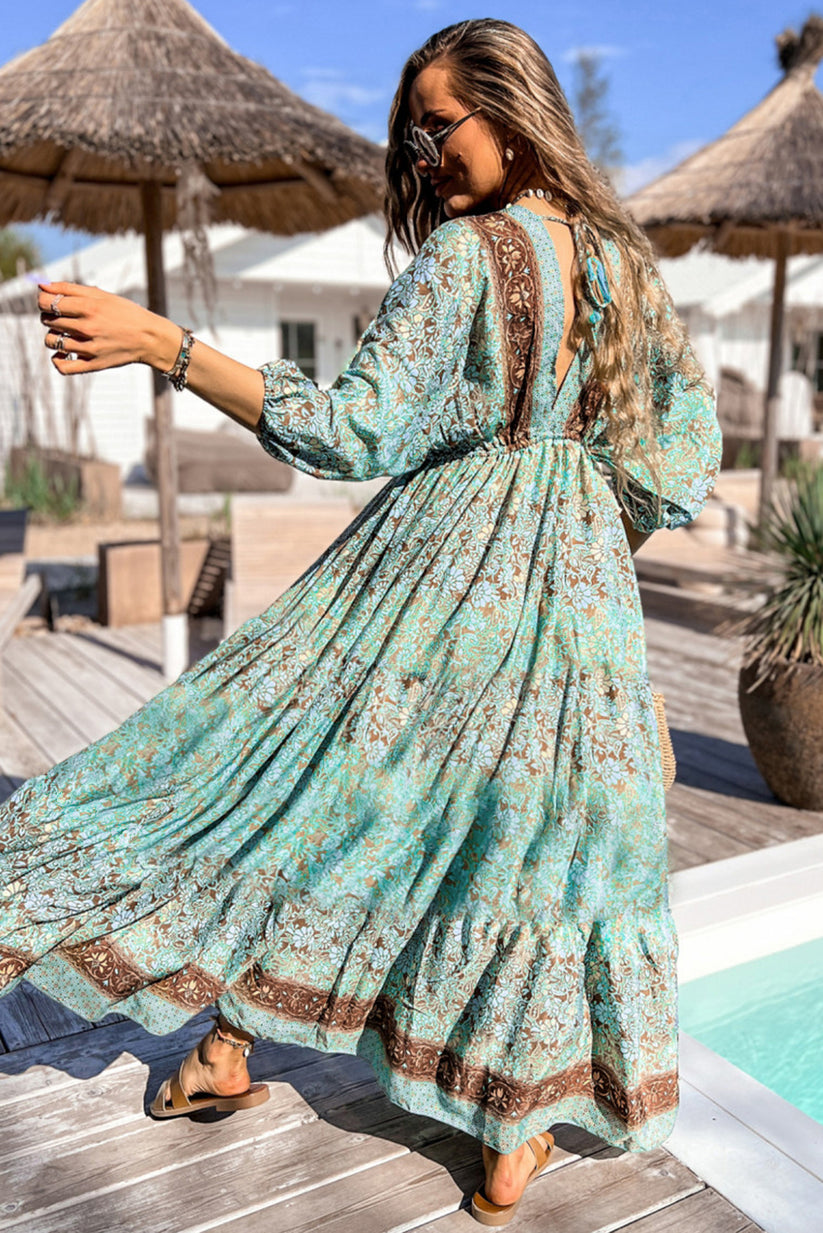 Maxi-jurk in boho-stijl met bloemmotief, vetersluiting en open rug