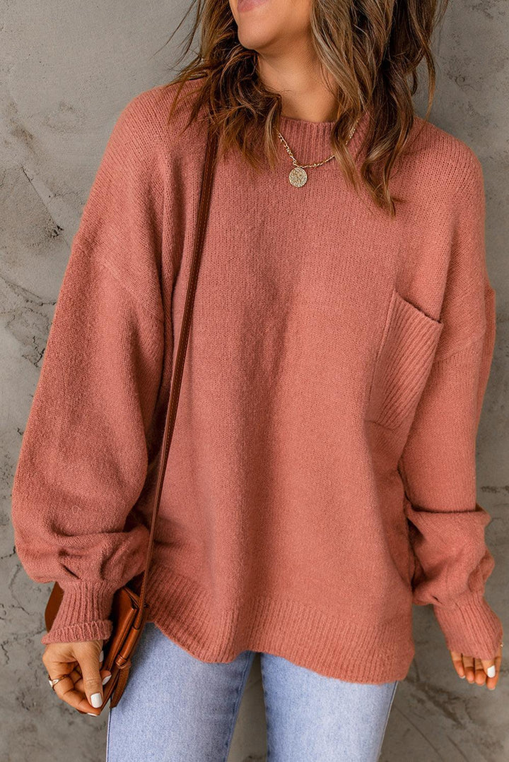 Sweater met Geribbelde Rand, Lantern Mouwen en Zakken