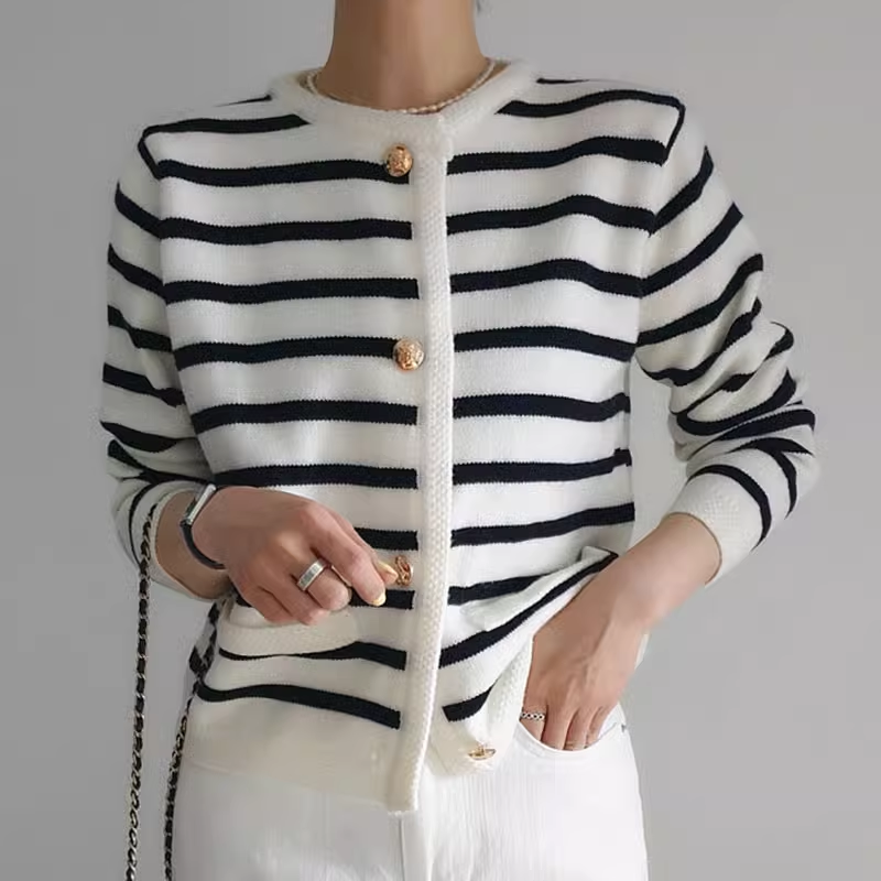 Herfst en winter retro zwart-wit gestreepte cardigan
