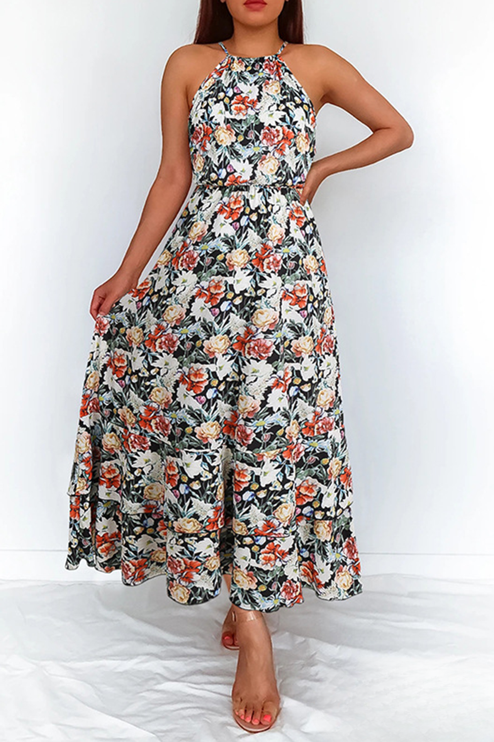 Hannah - Elegante Jurken met Bloemenprint en Halter Taille
