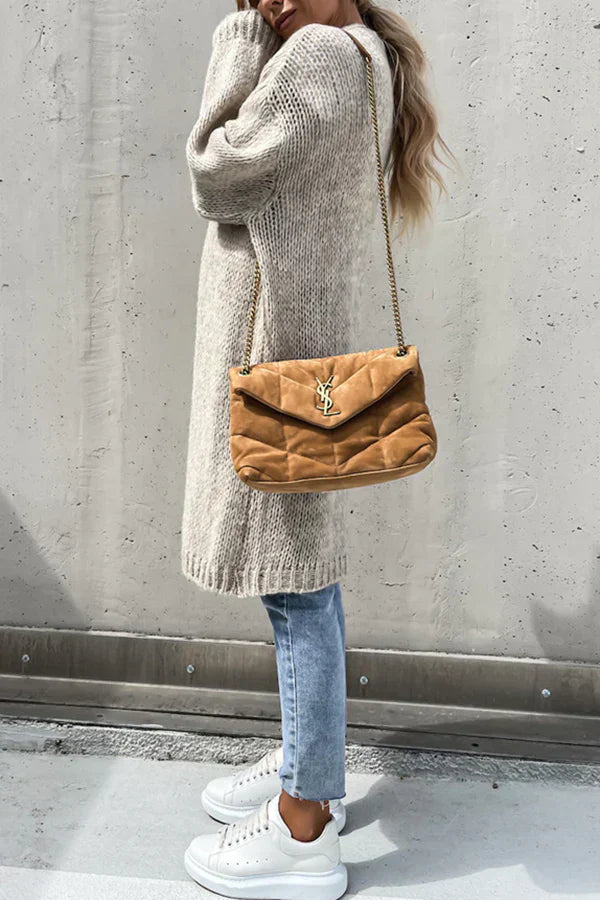 Effen Kleur V-hals Lange Oversized Midi Cardigan – Comfortabel en Stijlvol