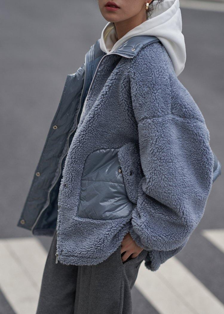 Casual Blauwe Jas met Stijlvolle Staan Kraag en Patchwork voor Dames
