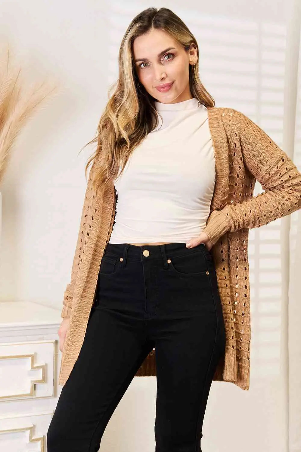 Knoop-Up Lotte-Horizontale Vibes Geribbelde Open Voorzijde Cardigan in Karamel